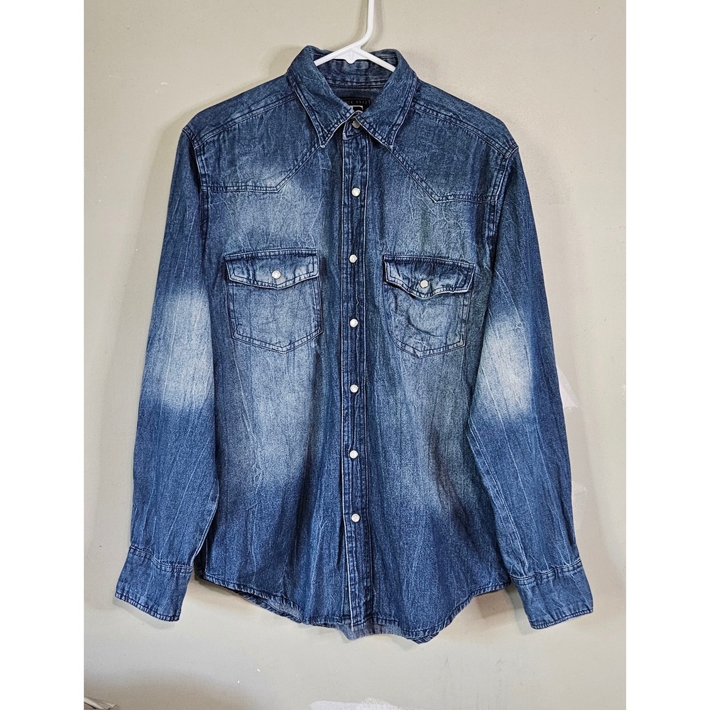 Evolution In Design Large Denim Y2K Western Shirt Pearl Snap Faded Blue Cotton